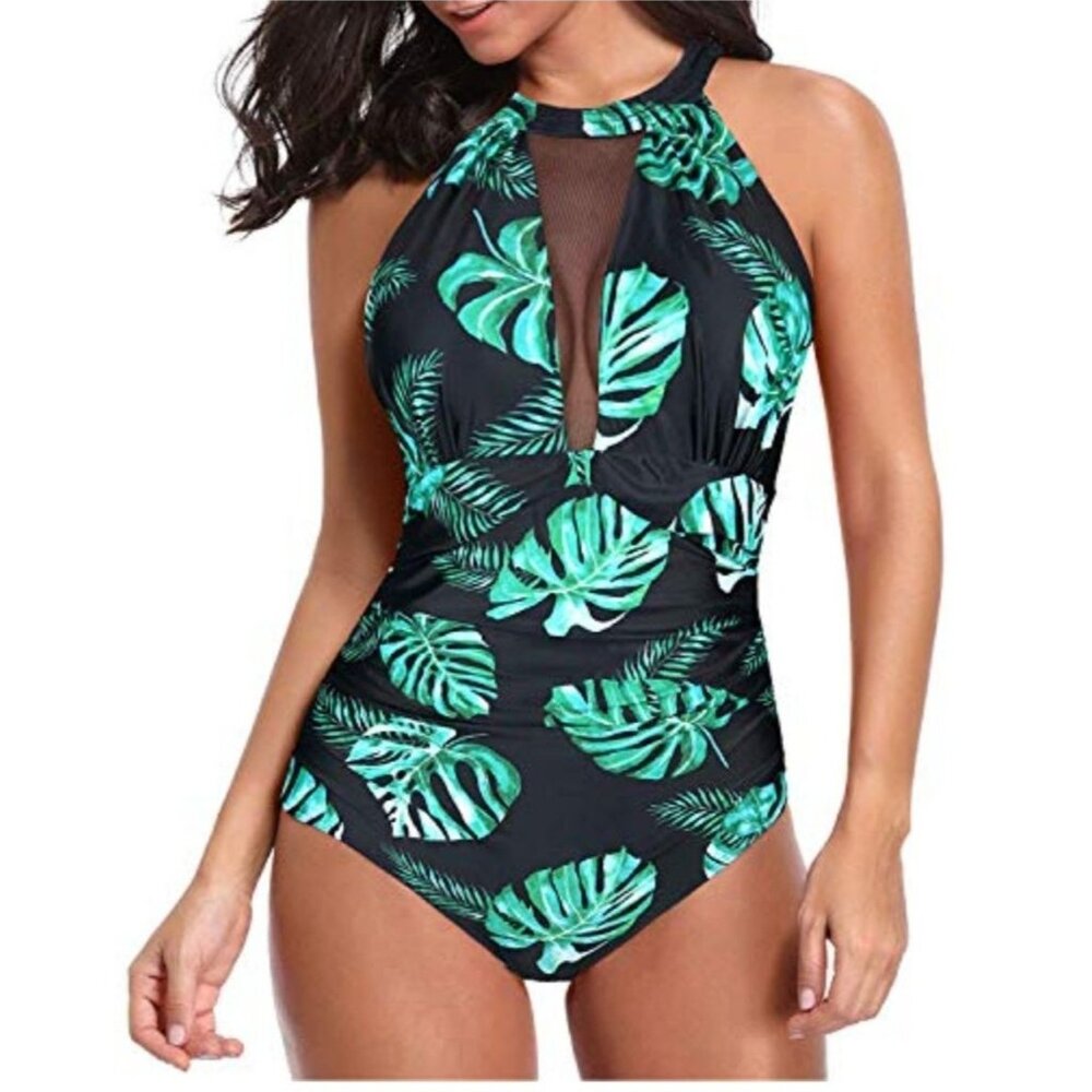 Tempt Me Womens Tropical Leaf High Neck One-Piece Swimsuit Mesh Detail Large